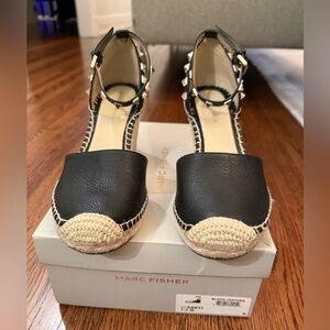 Marc Fisher Black Espadrille wedge heels, gold rock stud closed toe euc